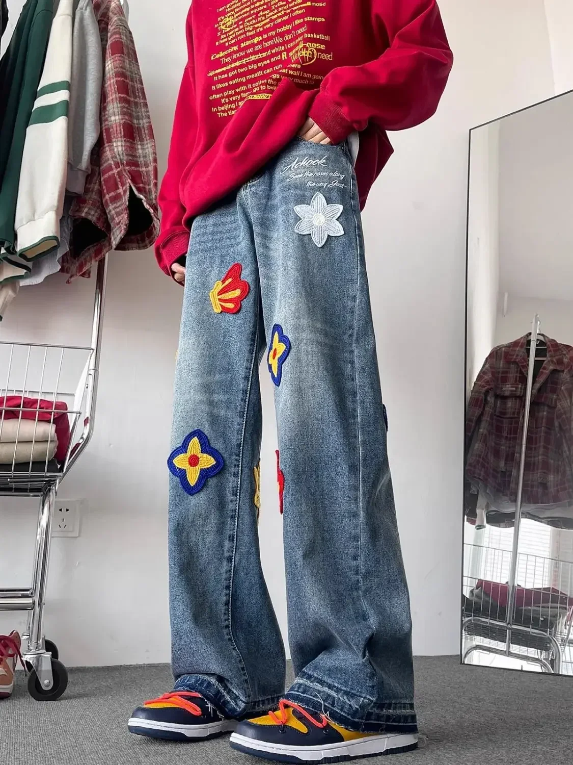 

High Street Retro Flower Embroidery Jeans For Men Hiphop Loose Petal Patch Wide Leg Pants y2k Clothes High Quality Pantalones