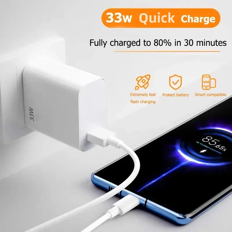 Cargador rápido USB de 33W para teléfono móvil, adaptador de carga rápida 6A, Cable tipo C para Samsung, Xiaomi, Huawei, QC 3,0