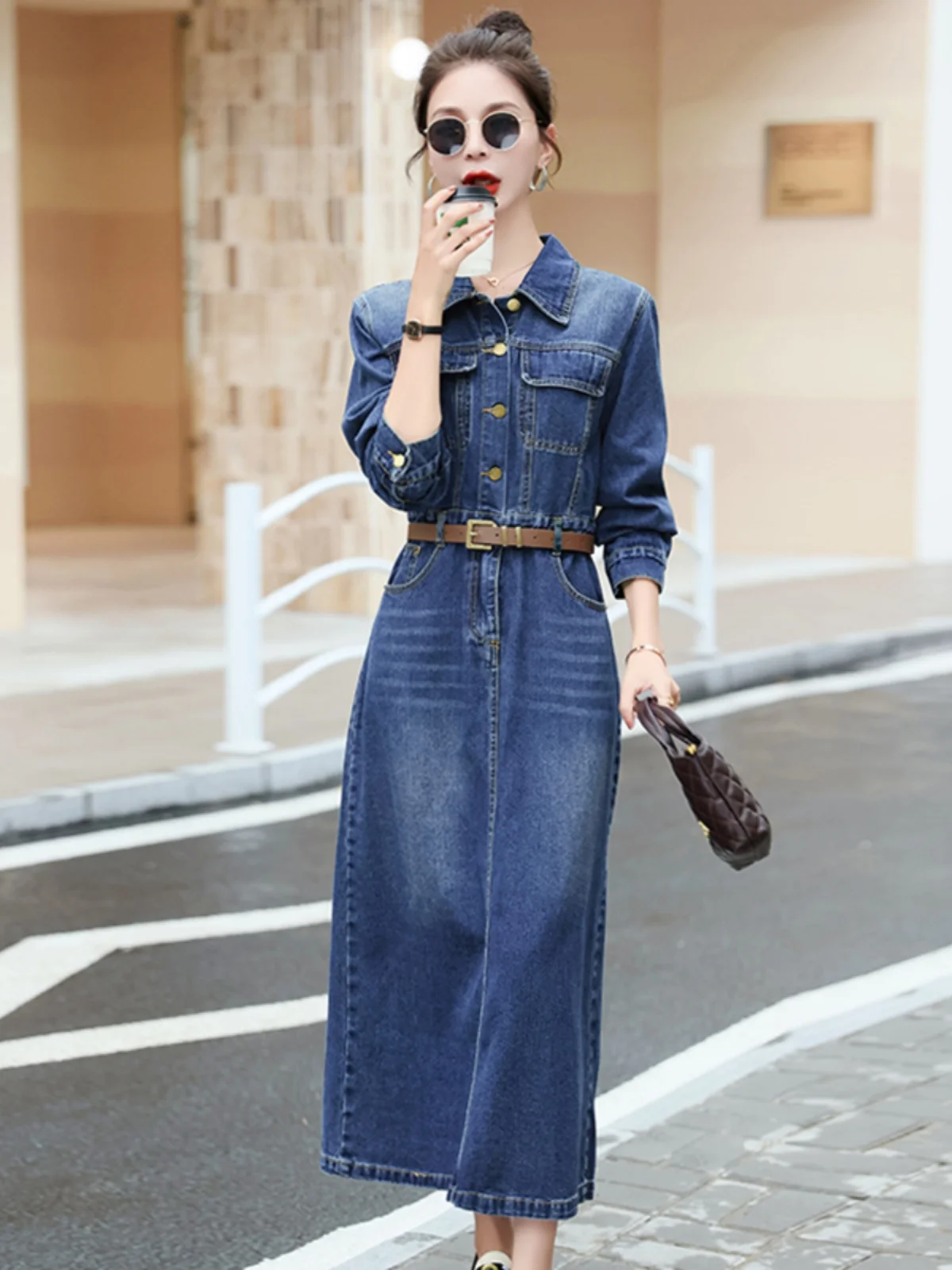 Ele Long Sve Denim Dr Women's Autumn New Sle Retro Unique Waist-Cinching A-Line Skirt Korean Sle  Collar