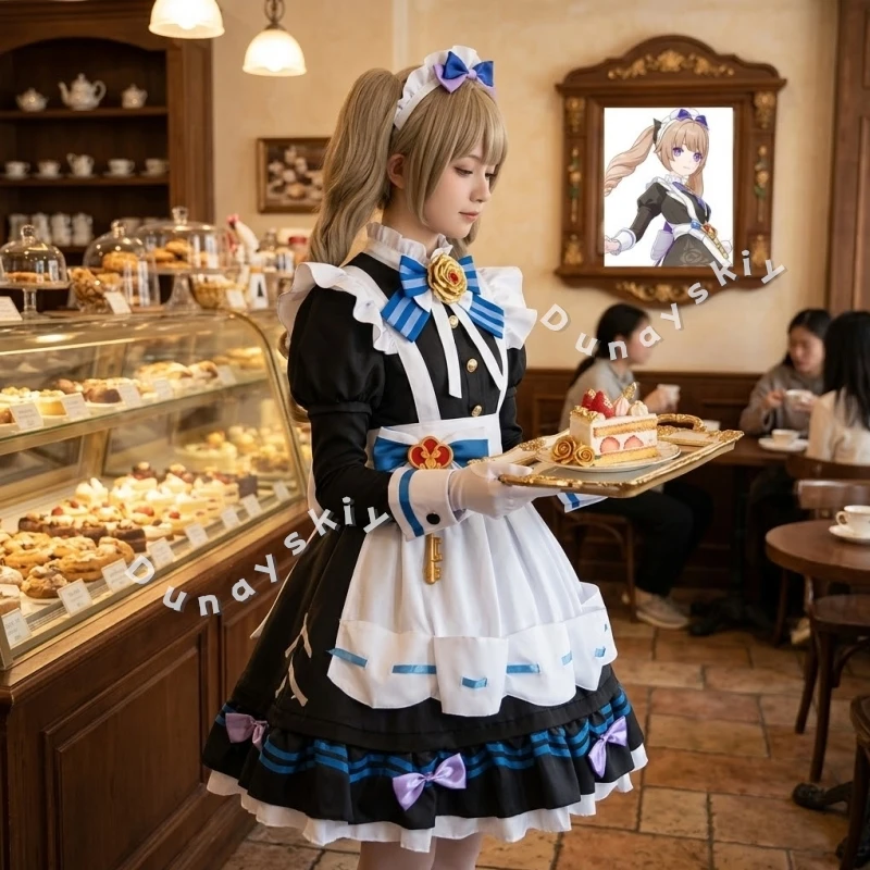 

Костюм горничной Starry Wonderland: парик с кудрями в римском стиле и наряд для косплея по аниме-игре Genshin Impact с кружевным фартуком, рюшами на манжетах и бантом