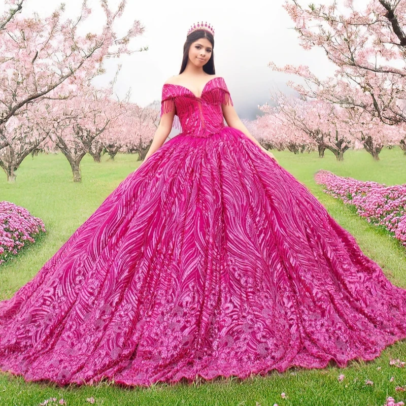 

Rose Red Quinceanera Dresses Ball Gown Off The Shoulder Sequin Applique Lace Beading Crystal Tull Corset Sweet 16 Dress Vestidos