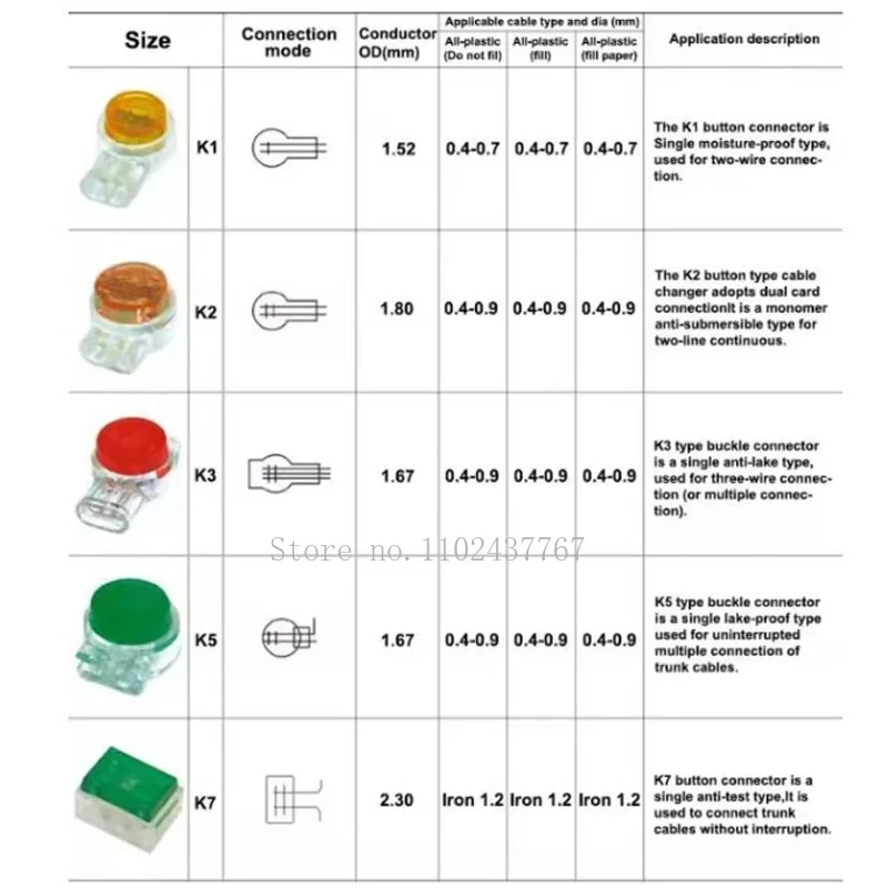K1 K2 K3 K5 K7 Telephone Wire/Ethernet Cable Connector Cold Pressed Terminal Waterproof Quick Connector Terminal