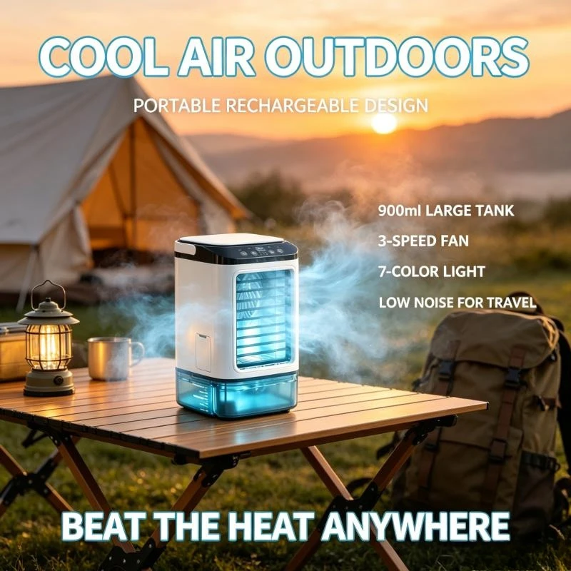 Rechargeable Mini Air Cooler 900ml Tank 3-Speed Evaporative Desk Fan Night Light 7-Color Humidifier for Bedroom Travel