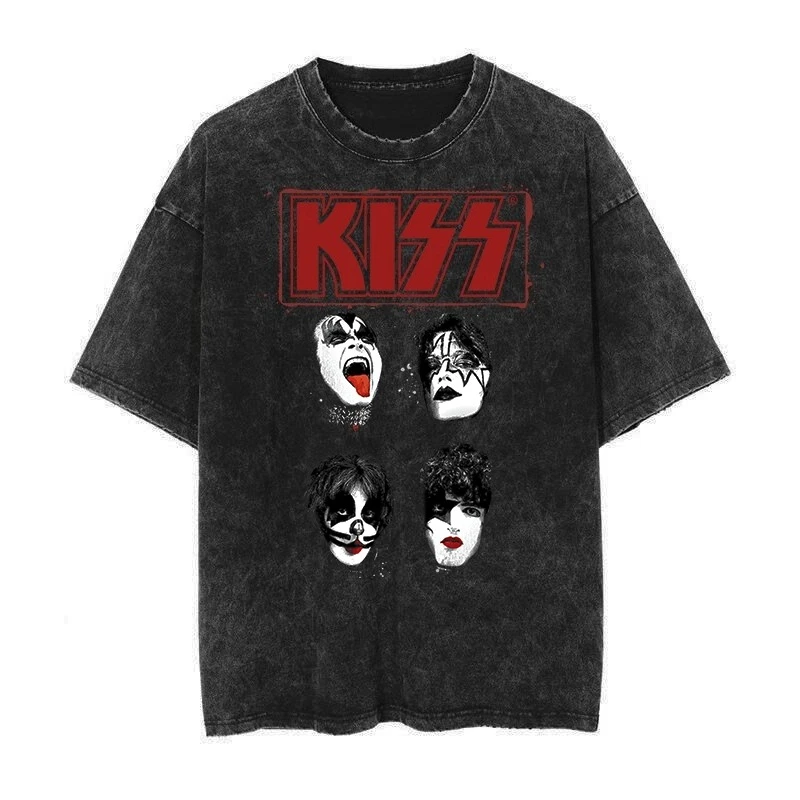 

New KISS Band's Rock Punk Vintage Washed Retro Style 2026 Men's and Women's American Retro Washed High-end Luxury Y2k Top