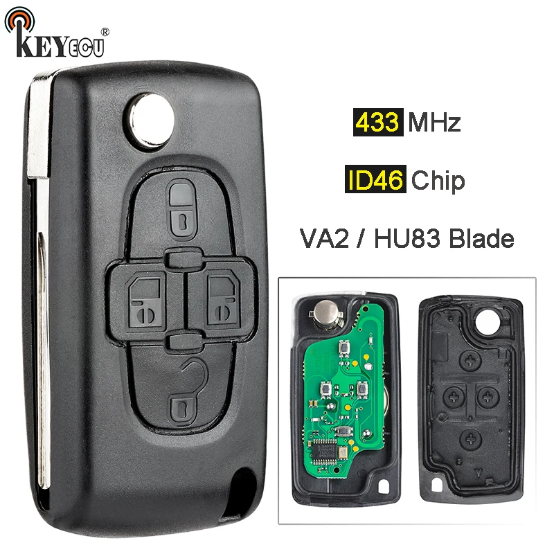 KEYECU  ASK 433 ID46/ PCF7941 Chip CE0523 Replacement Remote Key Fob 4 Button HU83 / VA2 Blade for Peugeot 1007, for Citroen C8