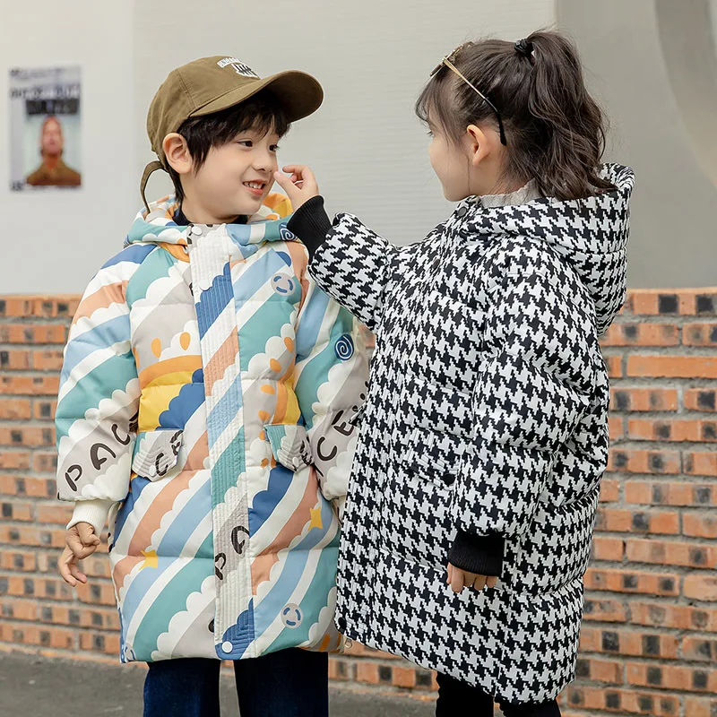 OLEKID 2025 Winter Thick Warm Children Girl Down Jacket Houndstooth Long Baby Girl Jacket 1-7 Years Kids Toddler Girl Outerwear