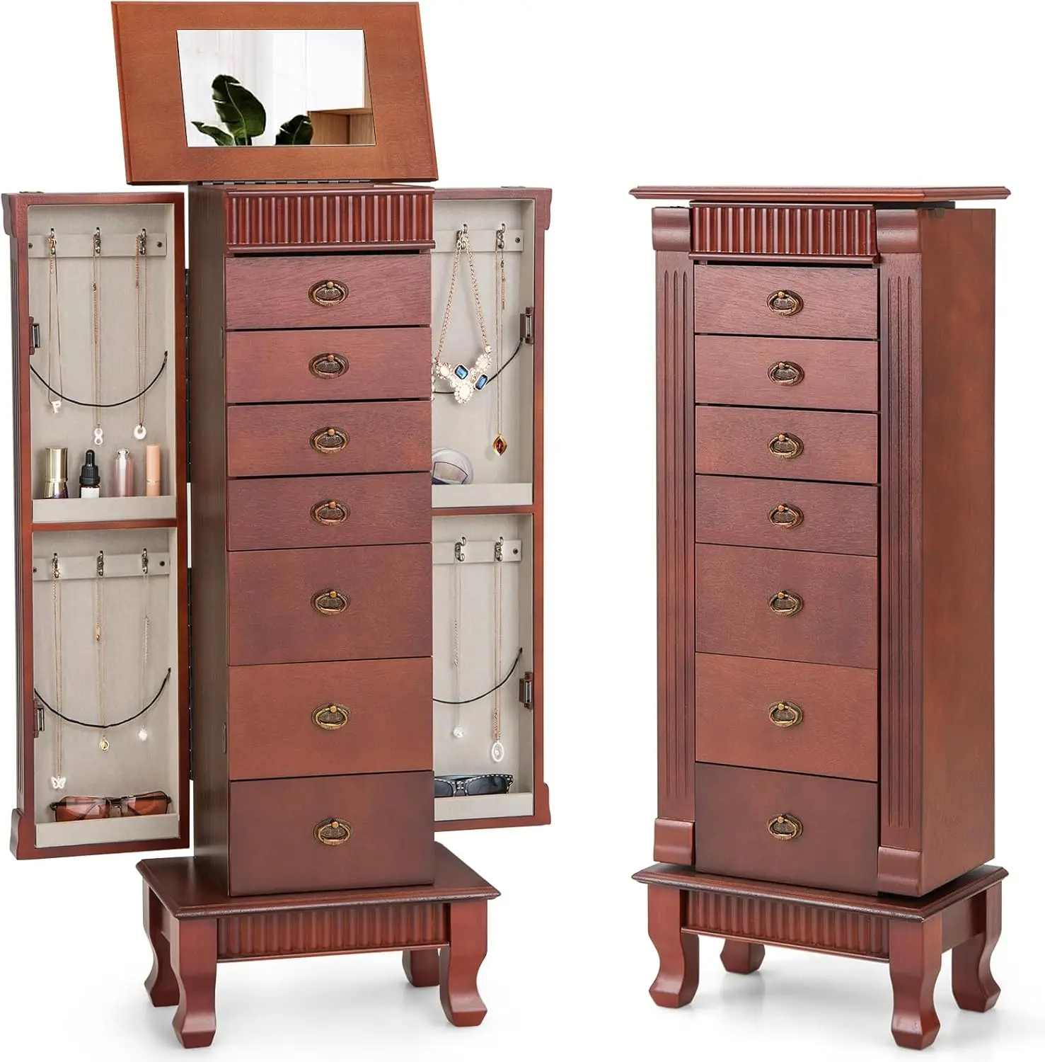 Standing Jewelry Armoire Cabinet Storage Chest with 7 Drawers, 2 Side Doors, 12 Necklace Hooks, Makeup Mirror and Top Di