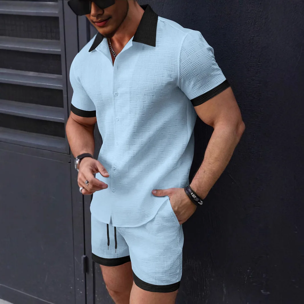 Nueva tendencia, traje para hombre, color sólido, algodón, lino, manga corta, jacquardCamisa y pantalones cortos, conjunto de 2 piezas, conjunto informal de playa hawaiana para hombre