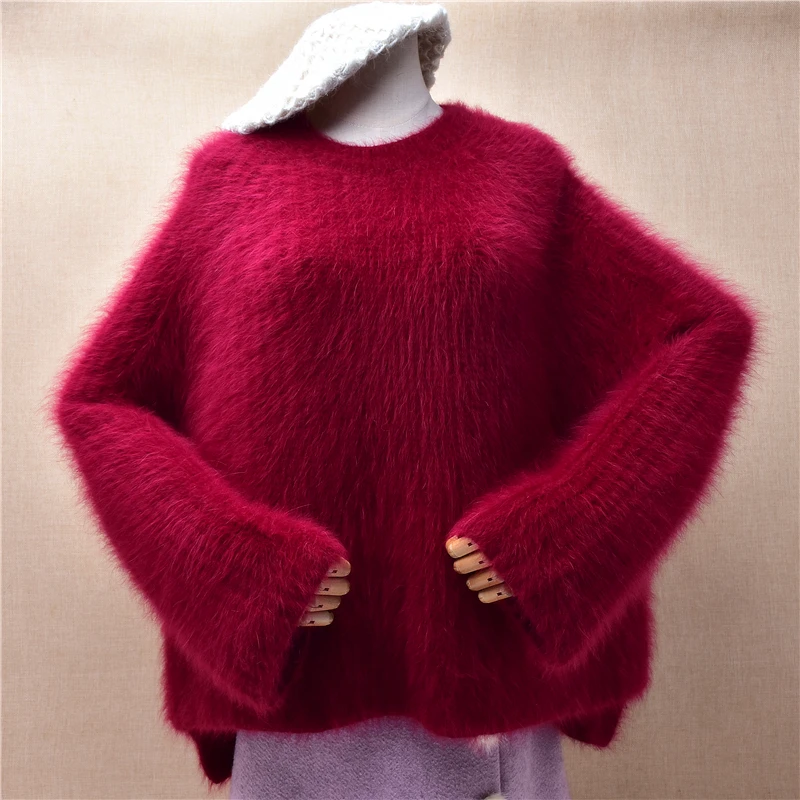 Women Mujer Autumn Winter Clothing Hairy Plush Mink Cashmere Knitted O-Neck Split Loose Pullover Angora Fur Sweater Jumper Pull