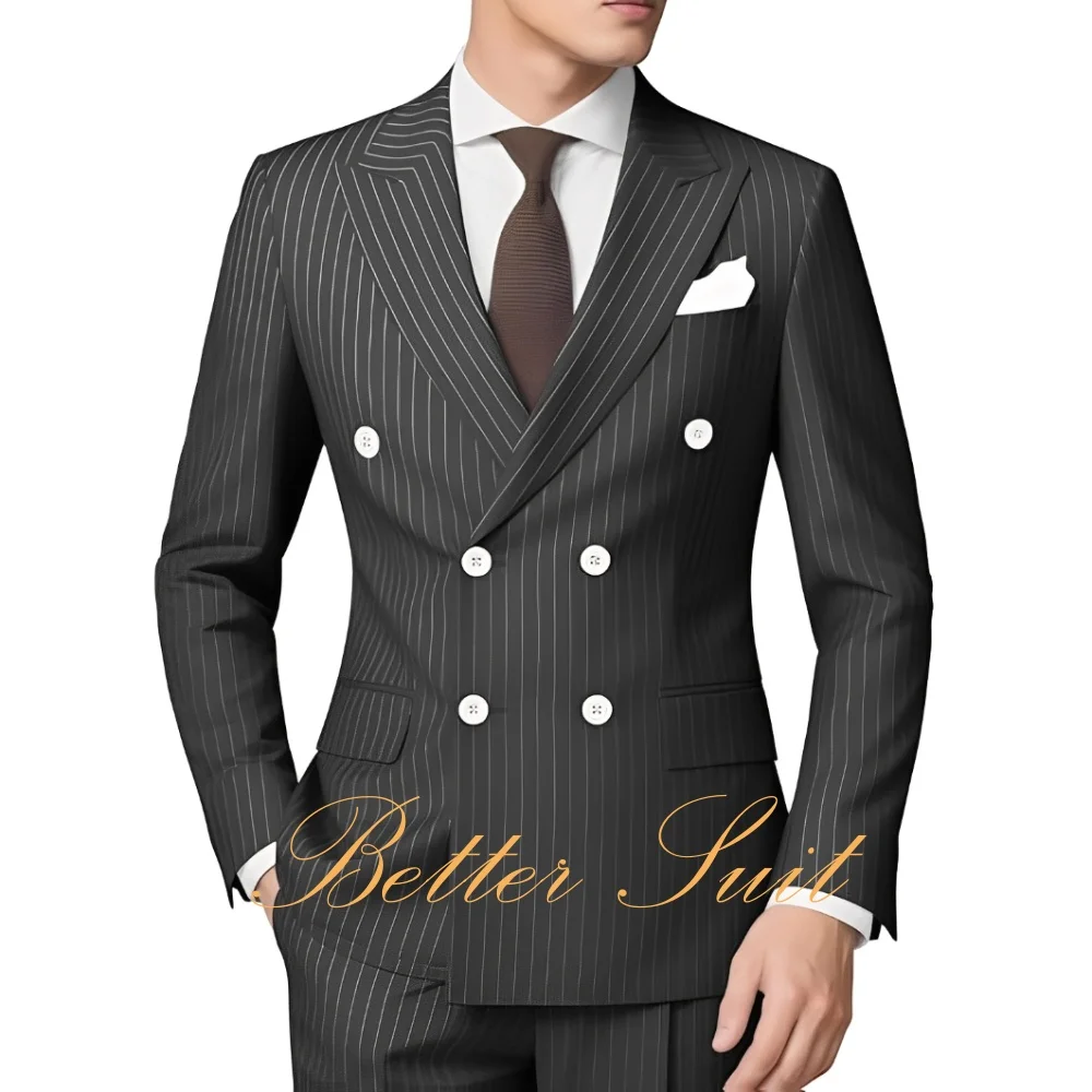 بدلة رجالية مقلمة 2 قطعة بقصة عادية مزدوجة الصدر سترة السراويل لحفلات الزفاف الرجال الدعاوى العريس حفلة موسيقية سهرة البدلة #6