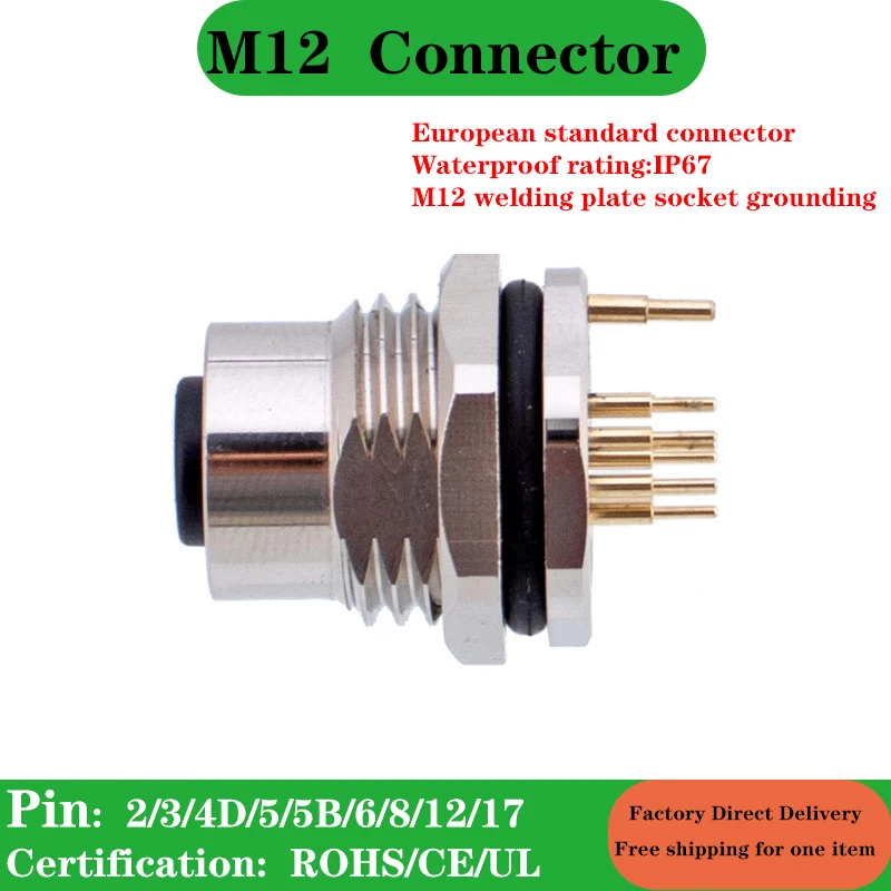 

M12 Welding Plate Socket Grounding Connector 2/3/4/5/6/8/12/17 Core Male Female Back Mount Socket IP67 Waterproof Connector