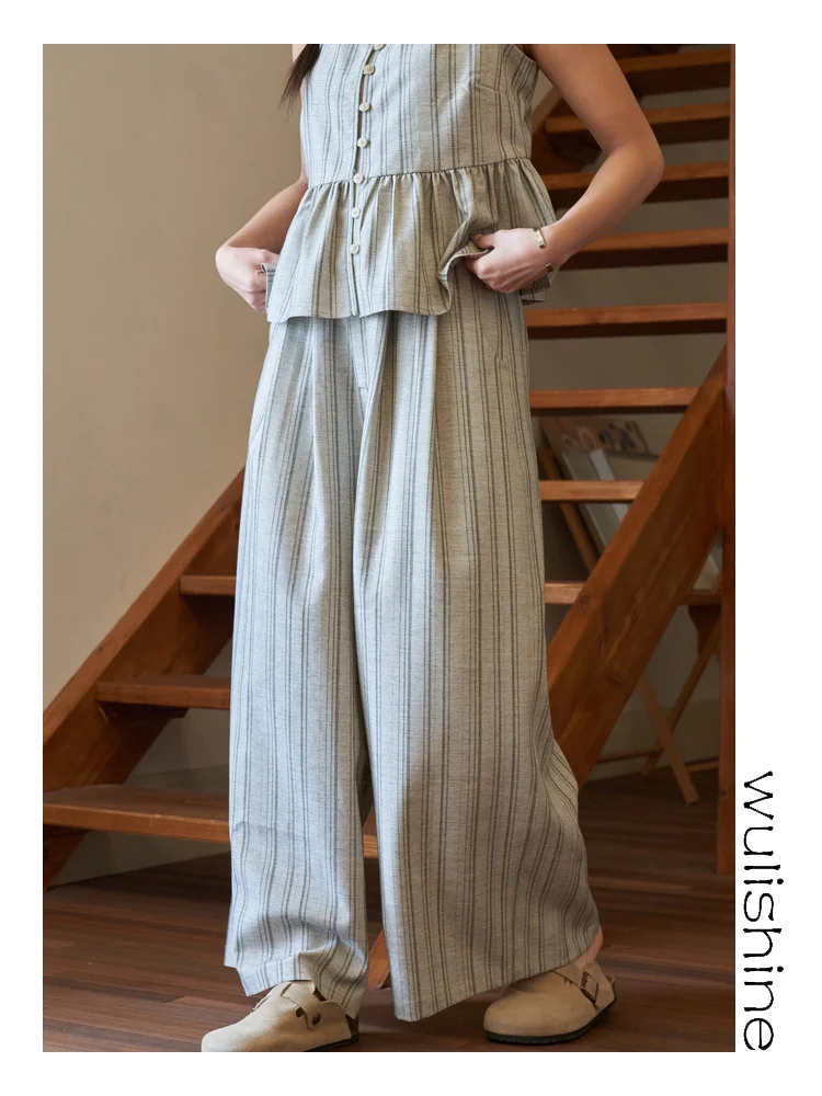 

Повседневные женские брюки с высокой талией и широкими штанинами, винтажные, свободные, весенние, в полоску, для отдыха, женские повседневные брюки