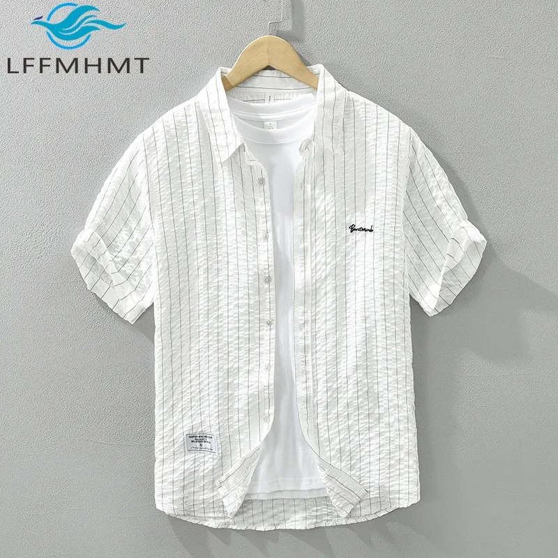 8076 3D Bubble Texture Soft Cozy Stripe Shirt For Men Summer Fashion Short Sleeve Lapel Blouse Teens Letter Embroidery Chic Tops