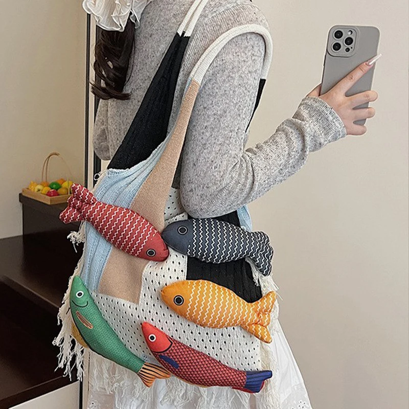 Casual Summer Cotten Crochet Shoulder Bag Fish Large Capacity Hollow Out Weave Bag Fashion Simple Tassels Beach Handbag Summer