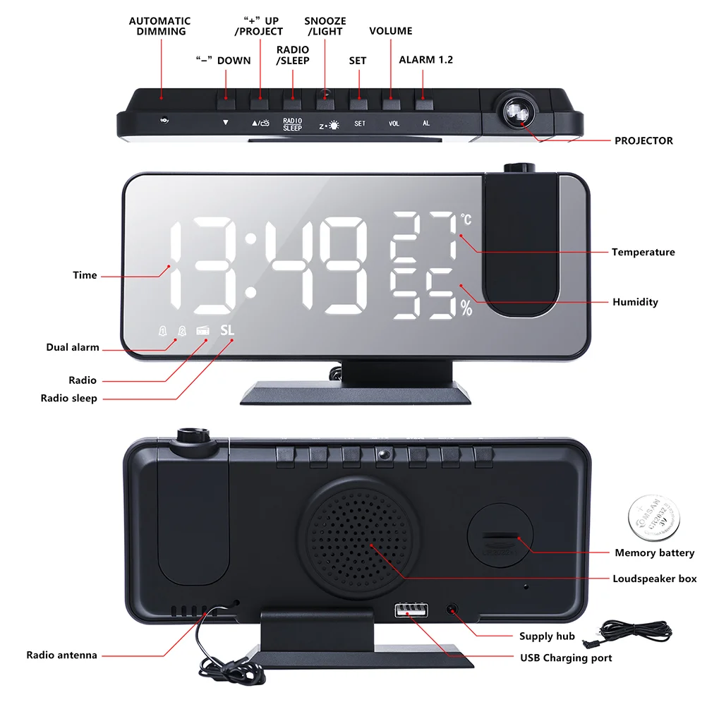 LED Projection Alarm Clock Weather Digital Forecast Screen Monitor Room Thermometer Projector Meteorological Station