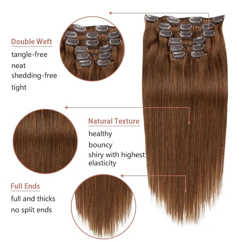 Clip in Hair Extensions 100% Remy Human Hair 16- 26inches 8pcs Light Brown Full Head Thick Human Hair Extension For Women #6