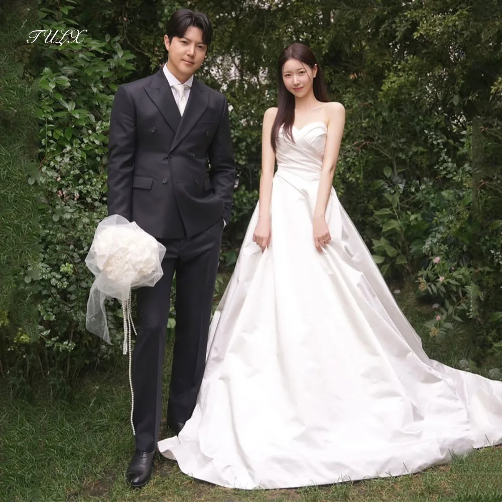 TULX Elegant Ivory Satin Wedding Dress Korea Photo Shoot Sweetheart A line Floor Length Bridal Gown Corset Customized 웨딩드레스