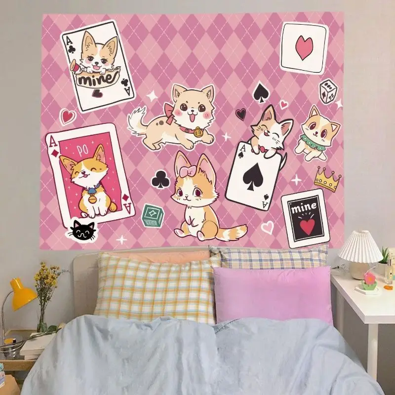 VIKAMA Cute Cartoon Cat Star Wall Tapestry Pink Collage Kawaii Aesthetic Wall Hanging Backdrop for Teen Girls Bedroom Dorm Decor