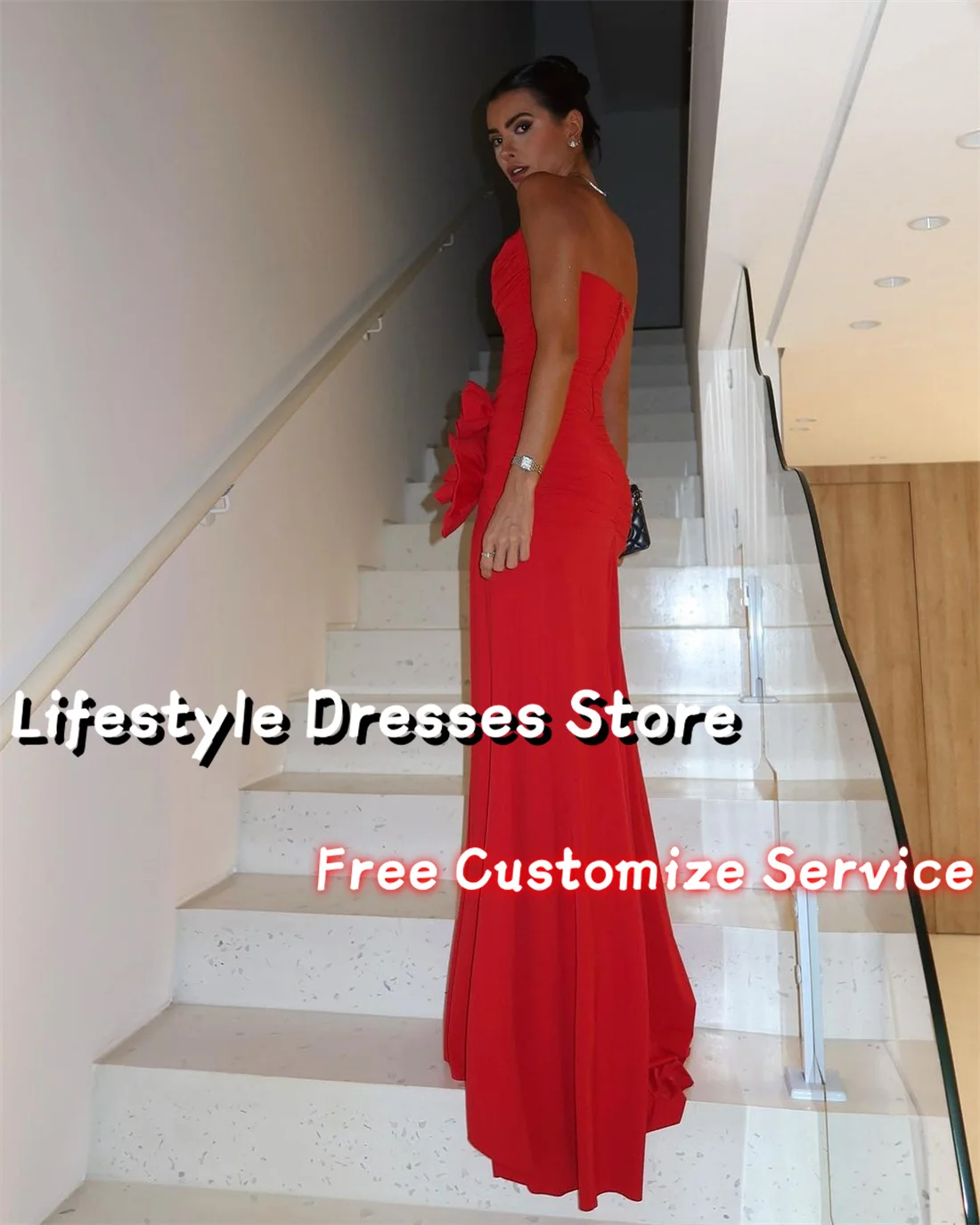 Customized Red Chiffon Flowers Evening Dresses High Slit Sleeveless Vintage Long Prom Dresses Wedding Formal Party Gown