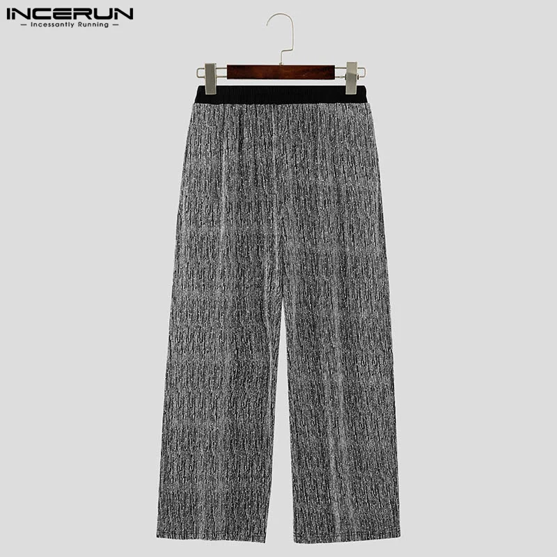 INCERUN 2024 Korean Style Trousers Men\'s Sparkling Fabric Short Striped Texture Long Pant Casual Streetwear Male Pantalons S-5XL