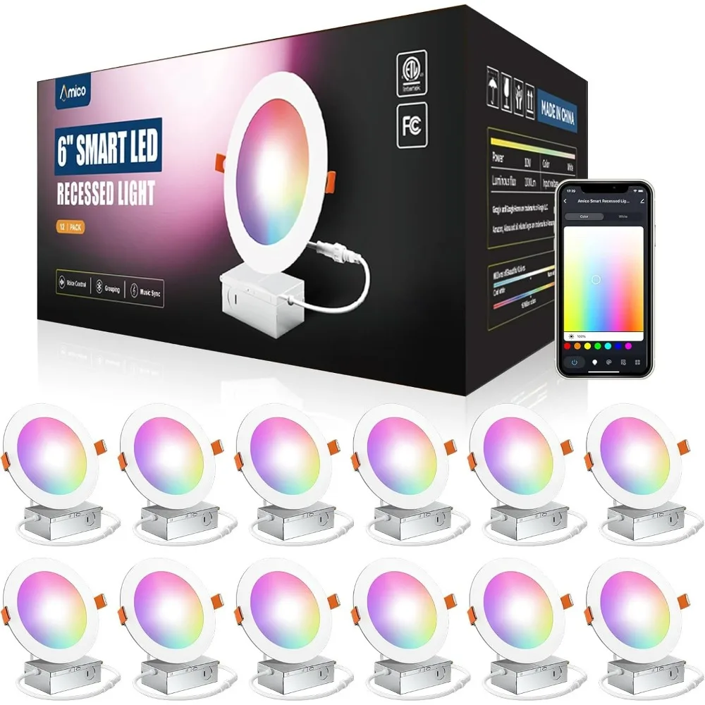 12 Pack 6 Inch Smart LED Recessed Lighting, WiFi Canless Wafer Downlight with Junction Box, RGB & 2700-6500K Color Changing,