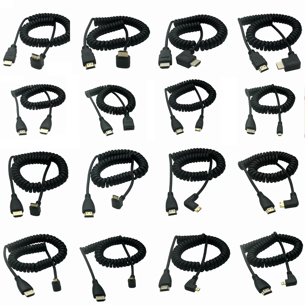 1PCS Spring Coiled Spiral Cable 90degree HDMI-Compatible Male To Micro Mini HDTV Male Plug 2K 4K HD Cable Cord 50cm-180cm