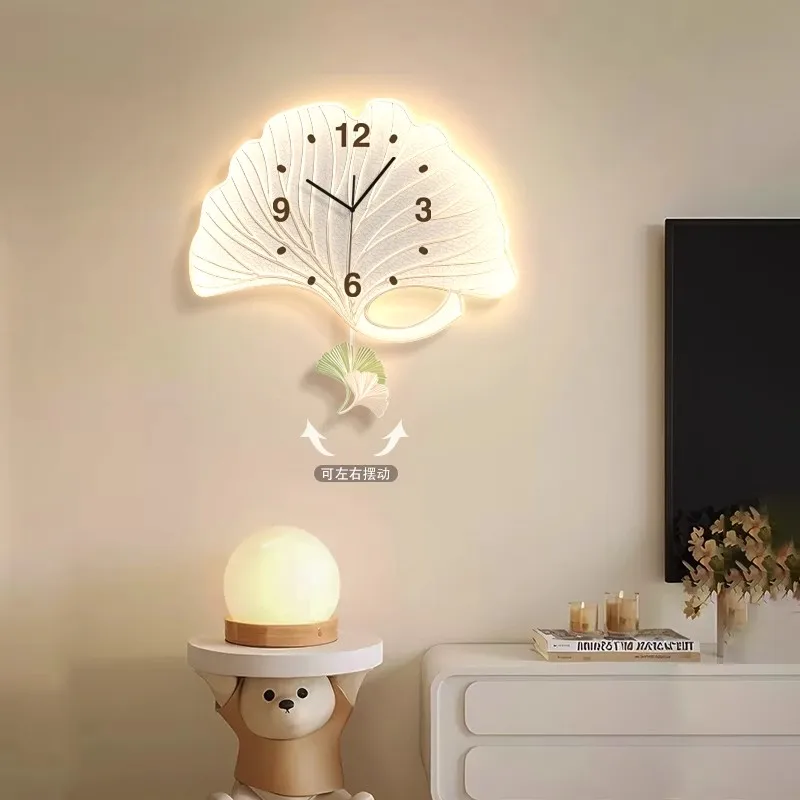 Living Room Gingko leaf swing clock home with personalized fashion clock wall cream wind restaurant led clock