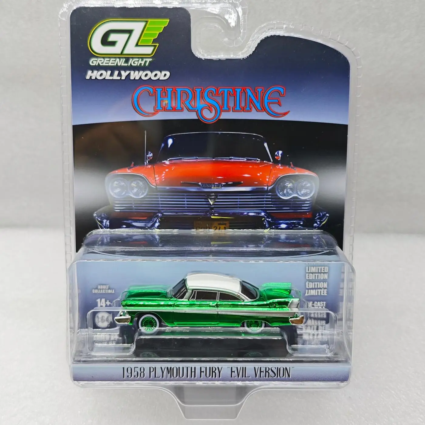 

Green Light 1:64 1958 Plymouth Fury Hollywood 24-Wicked Edition Black Glass 44840-B Plated Green Alloy Car Model Collectible