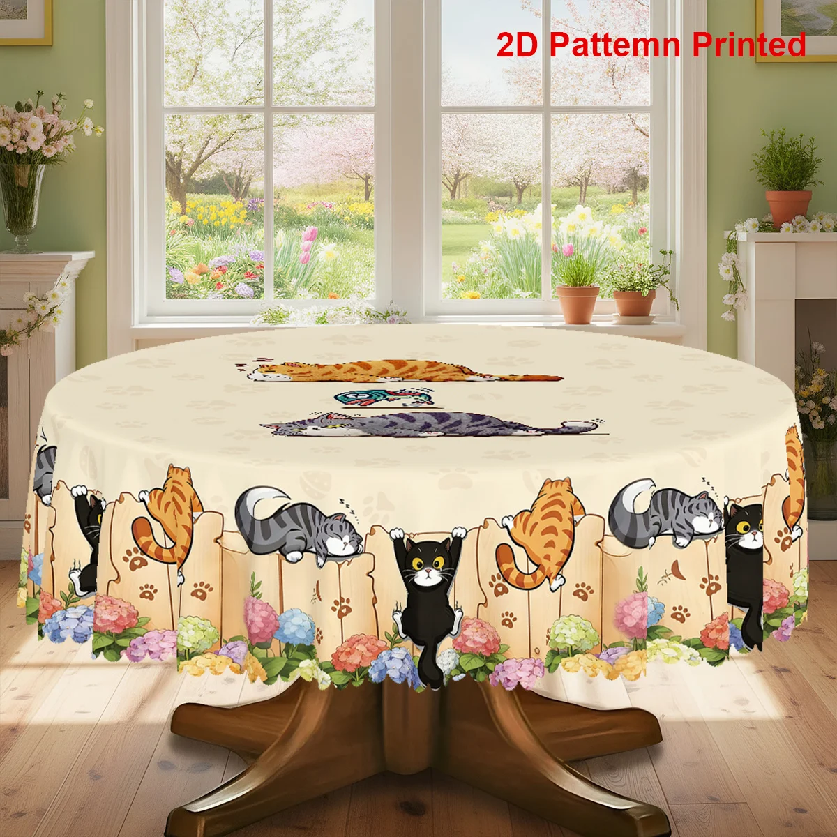 One item, a tablecloth with a cute cat theme, featuring retro cat paws and ball flower patterns in spring and summer seasons.zyc