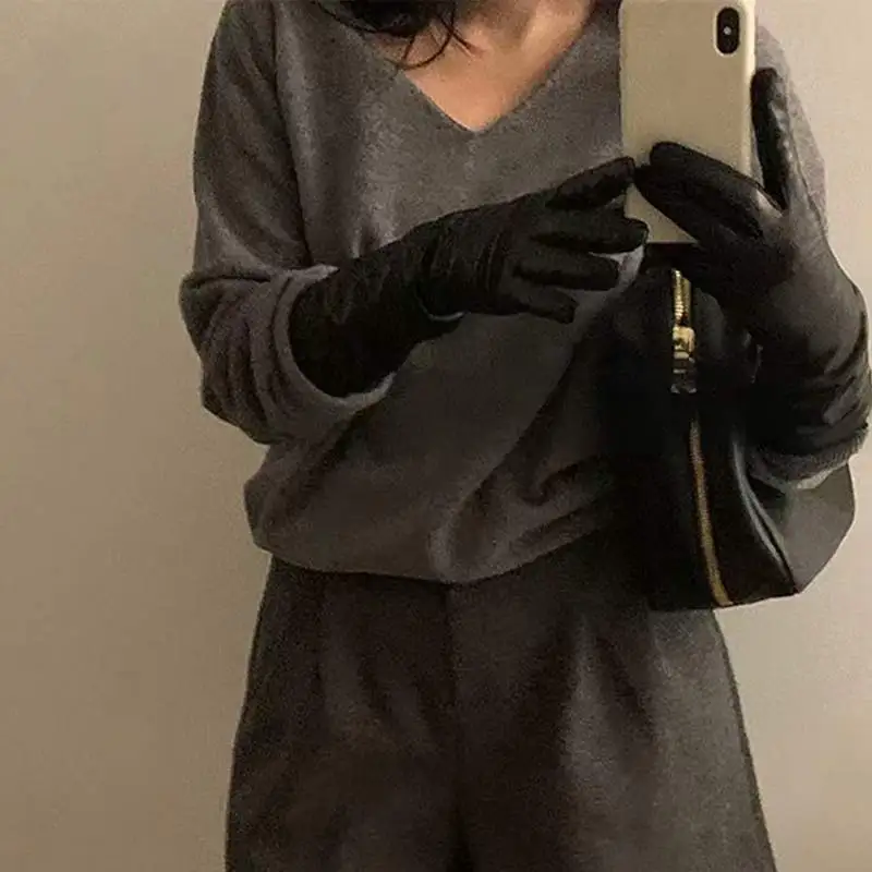 Women 39cm Long Black PU Leather Gloves Cosplay Stage Performance Fashion Winter Keep Warm Velvet Lining Windproof Mittens