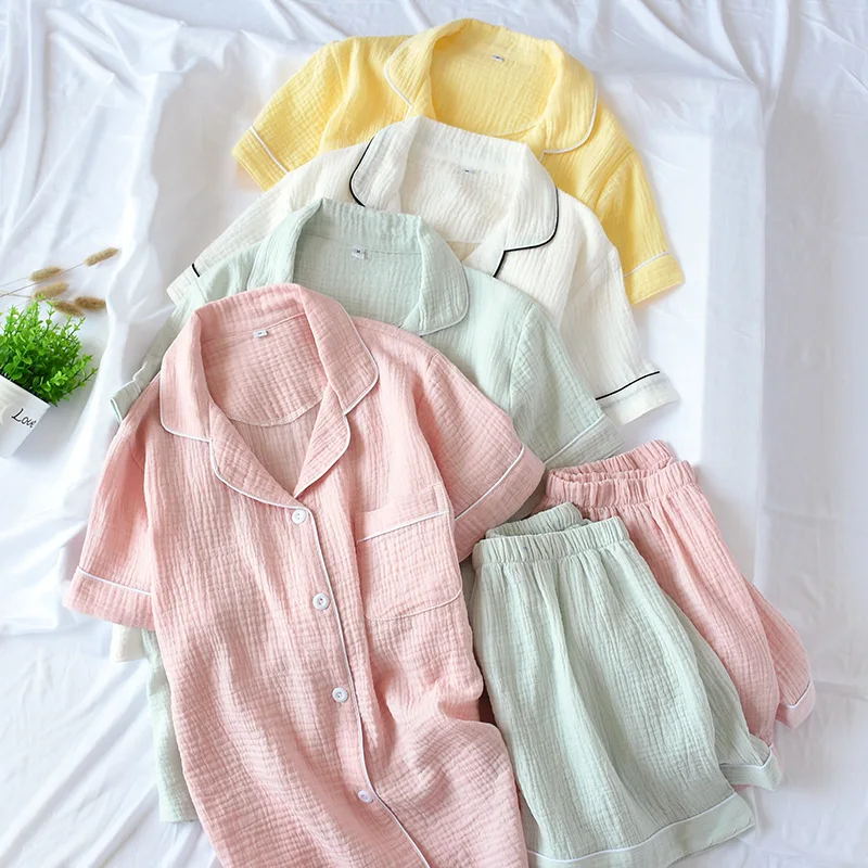 

Women's Summer Cotton Double-Layer Solid Color Short Sleeved Shorts Pajama Set Women's Lapel Home Clothing