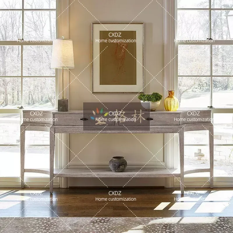 Ultra Thin Solid Wood Entryway Cabinet Retro Oak Foyer Console Table with Partition Shelf for Home Decoration Storage