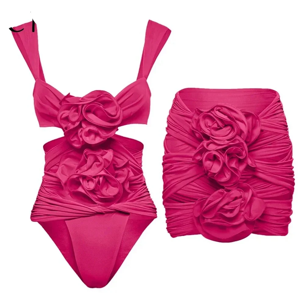 Maillot de bain une pièce sexy à fleurs 3D pour femme, jupe de luxe, ensemble bikini rouge, tenue de plage, nouvelle collection 2024