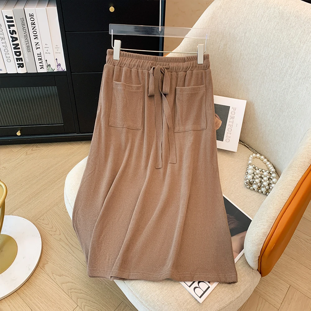 Plus size women's spring and autumn casual loose high-waist skirt simple elastic waist mid-long A-line skirt 2024 new clothing