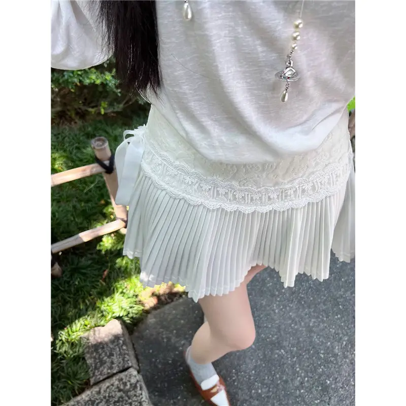 تنورة قصيرة مطوية بأشرطة من الدانتيل الحلو النقي اليابانية Y2k عالية الخصر بقصة ضيقة على شكل حرف a التنانير لوليتا Kawaii Faldas #2