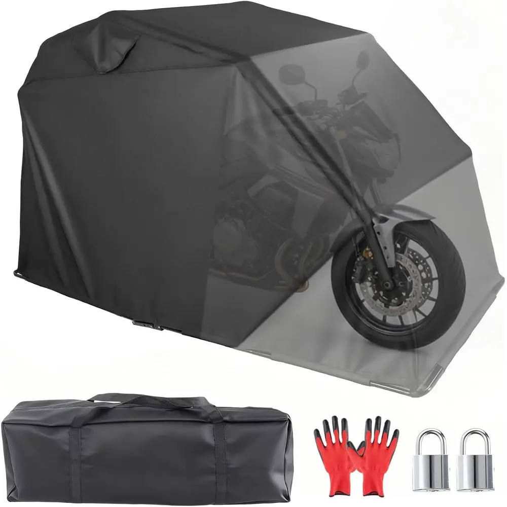 

Heavy-Duty 600D Oxford Motorcycle Cover Shelter with Lock, Carry Bag, and 2 Roll-Up Side Windows - Black