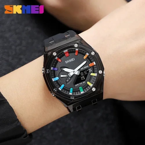 Imagen 2 del producto Reloj SKMEI resistente al agua para hombre, cronómetro de cuenta atrás, luz Led, reloj de pulsera con movimiento electrónico, reloj despertador de 5 horas, 2100, relojes digitales