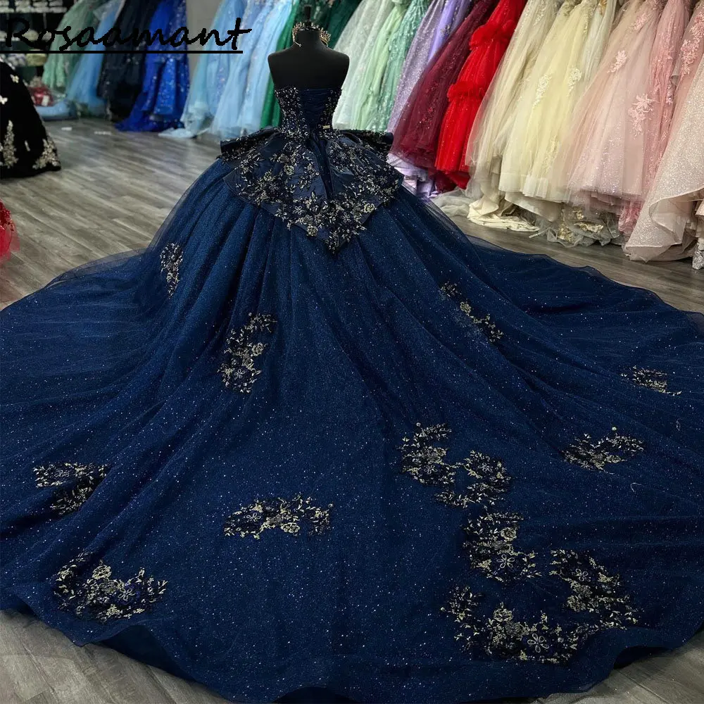 Marineblau träger lose Rüschen Ballkleid Quince anera Kleider ärmellose Gold applikationen Spitze Korsett Vestidos de 15 Años