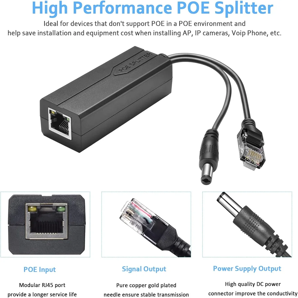 PoE Power Over Ethernet Splitter Adapter 48V to 12V 5.5x2.1mm DC Plug 10/100Mbps PoE Splitter For IP Cameras