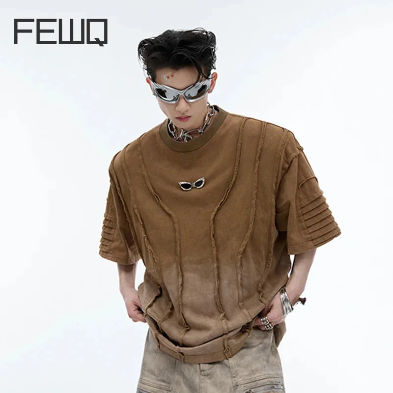 FEWQ Summer Male T-shirt American Style Old Wash Gradient Color Patchwork Shoulder Pad Short Sleeve Folded Loose Top 24Y185