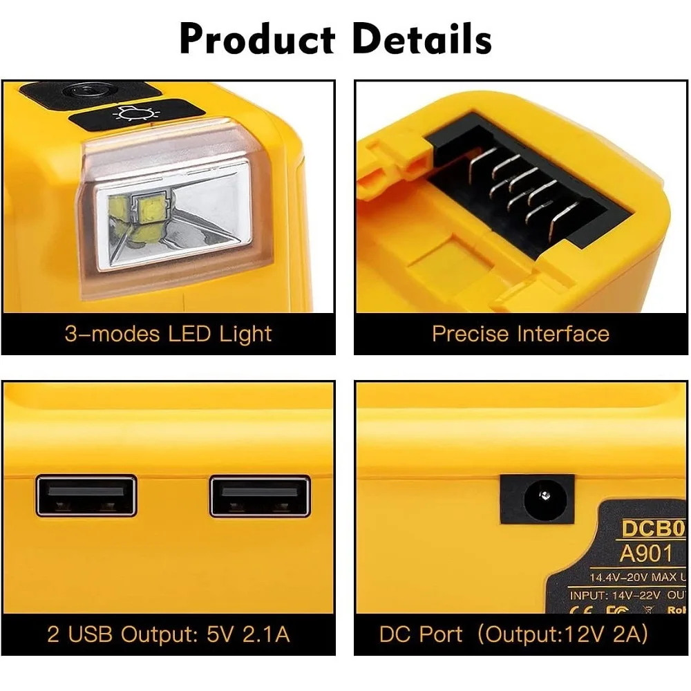 Battery Adapter DCB090 Flashlight For Dewalt 18V 20V External Battery With Dual USB Type-C Original Replacement LED Work Light