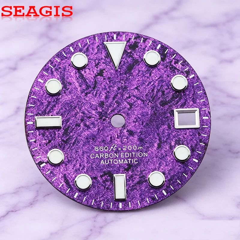 SEAGIS 28.5mm NH35 Dial purple Carbon Fiber YM index  Blue/green Lume  No Logo Watch Face Accessories