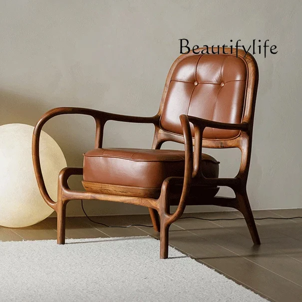 

Medieval style solid wood soft bag retro sofa chair living room single chair bedroom home balcony leisure single chair