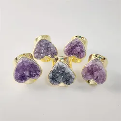 FUWO Wholesale Natural Amethysts Cluster Cuff Rings,Amazing Heart Shaped Golden Plated Brass Jewelry For Women 5Pcs/Lot RG001G