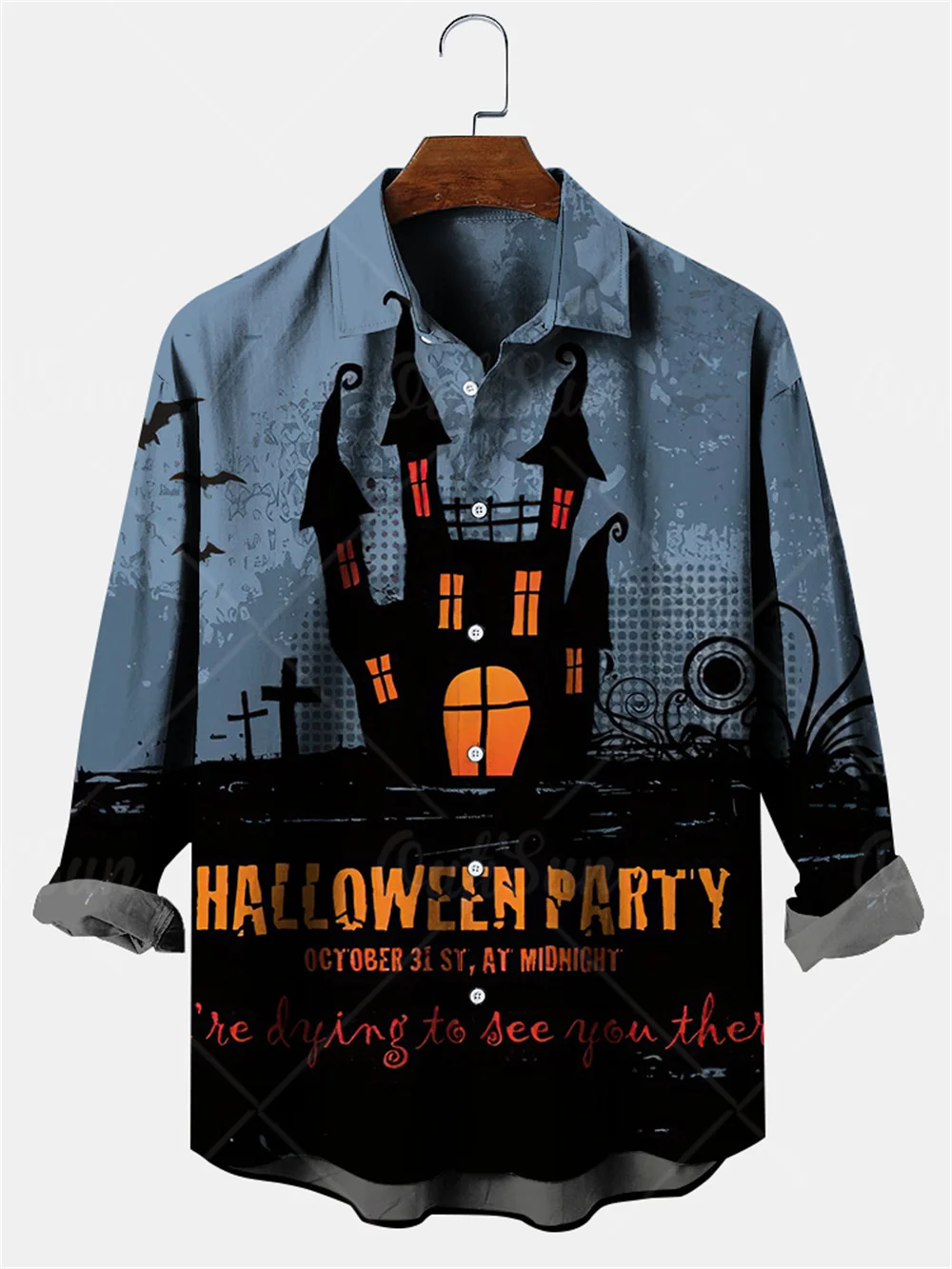 Fantasmas masculinos estilo Halloween camisas estampadas, blusas casuais de um único peito, camisa manga longa, camisa de rua lapela, roupas masculinas