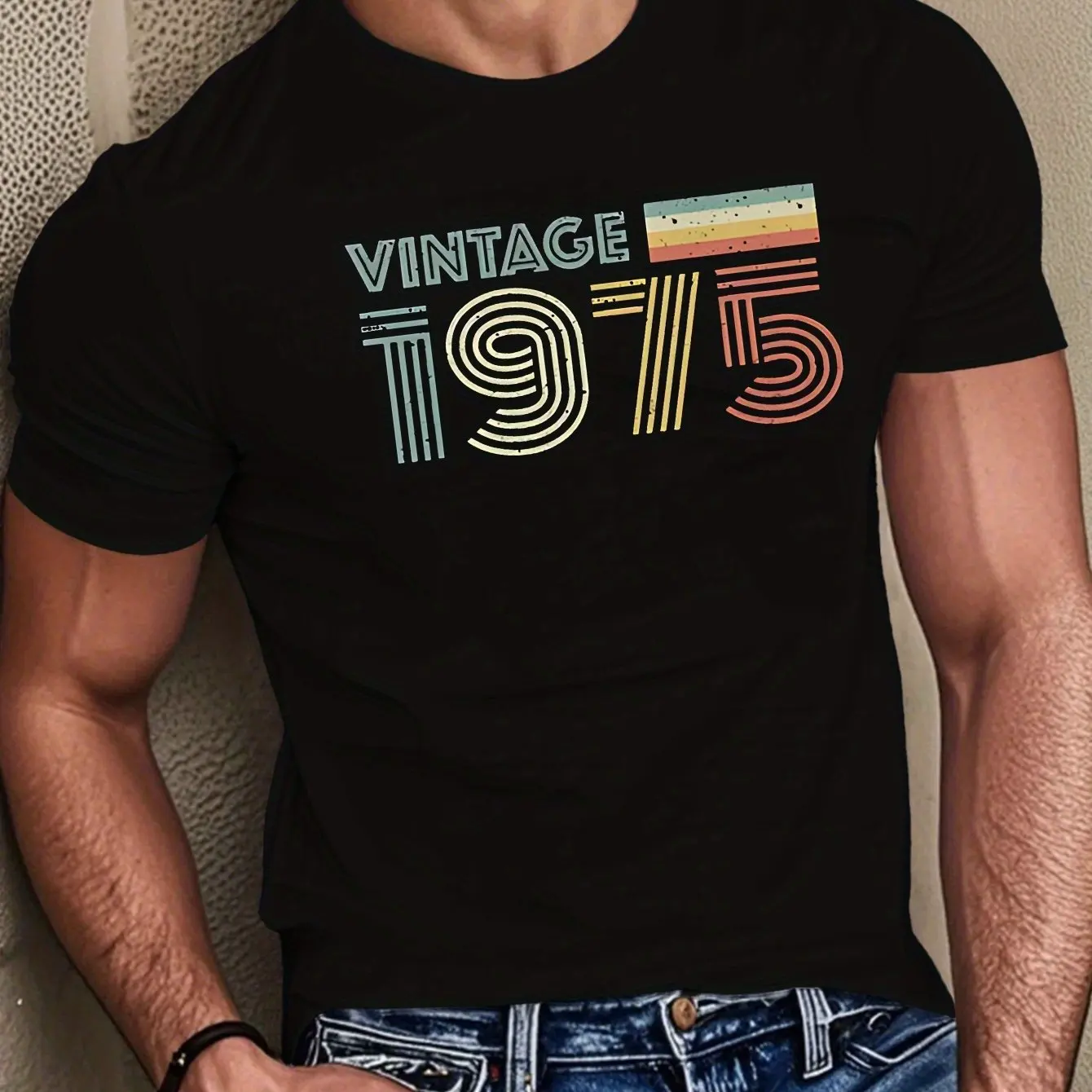 

2025 new model Men's summer 100% pure cotton fashionable casual loose vintage 1975 letter printed sports round neck short sleeve