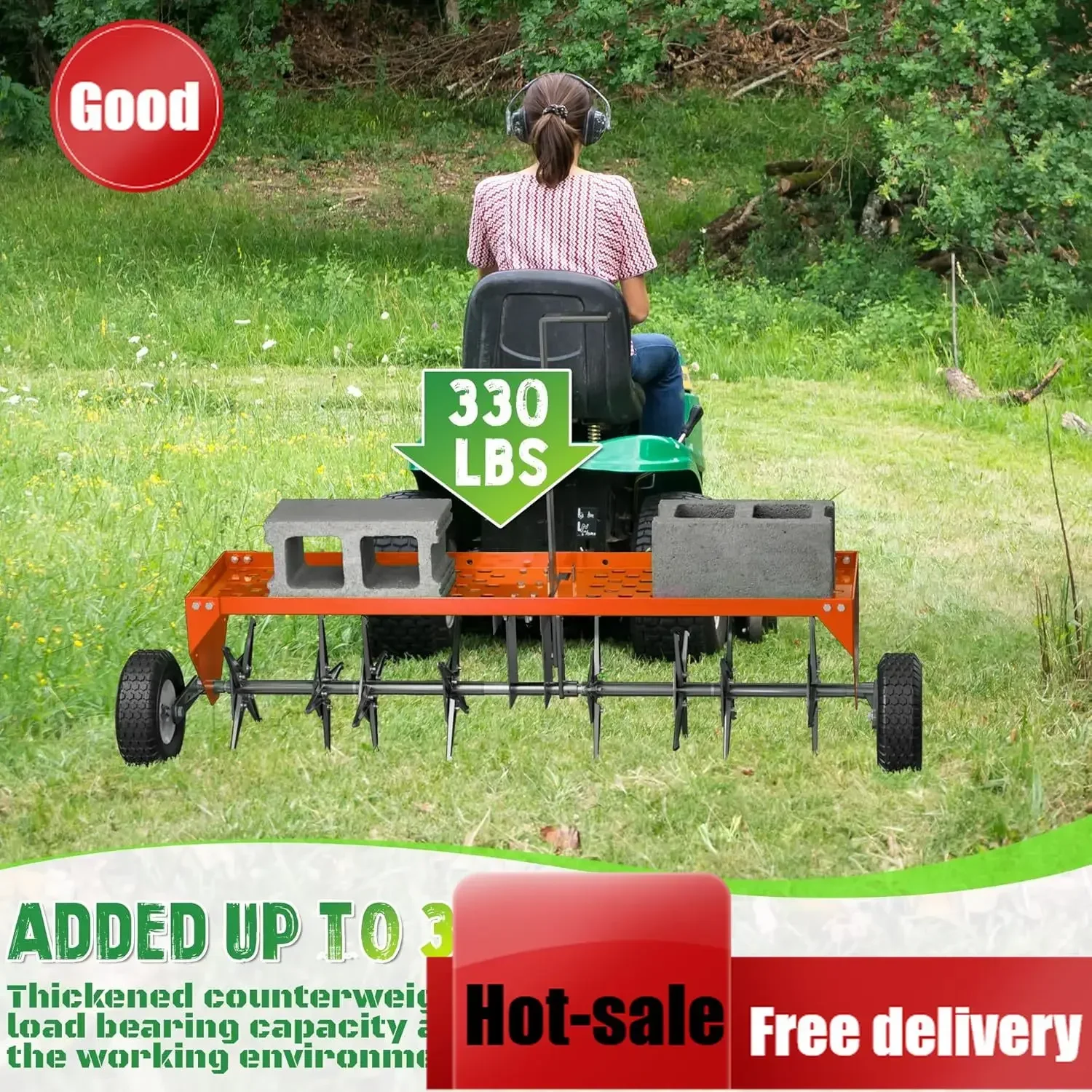 Tow Behind 48 Inch Lawn Plug Aerator Universal Hitch Inflatable Wheels Galvanized Steel Tray Garden Farm Lawn