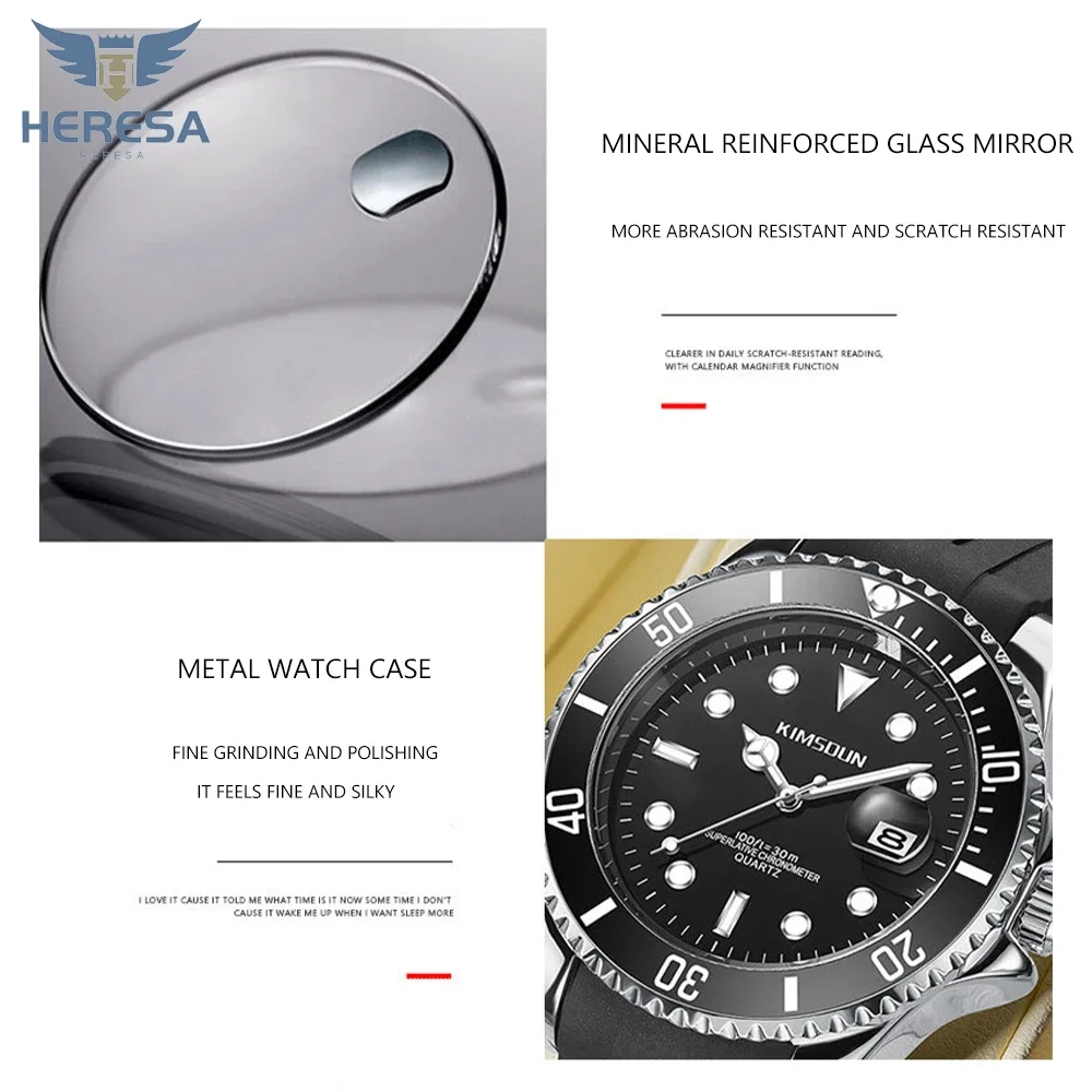 HERESA Advanced Luxury Fashion Diver Watch Men 3ATM Waterproof Date Clock Sport Watches Mens Quartz Wristwatch Relogio Masculino