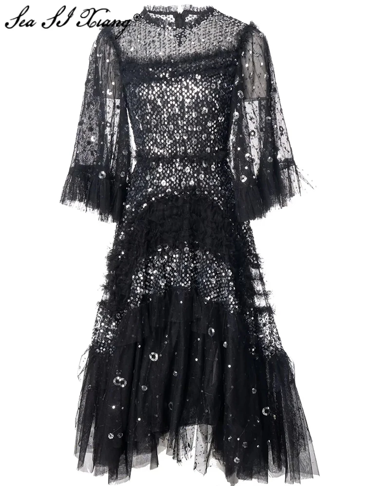 

Seasixiang Fashion Designer Spring Black Mesh Dress Women O-Neck Flare Sleeve Ruffles Silver White Sequins Vintage Party Dresses
