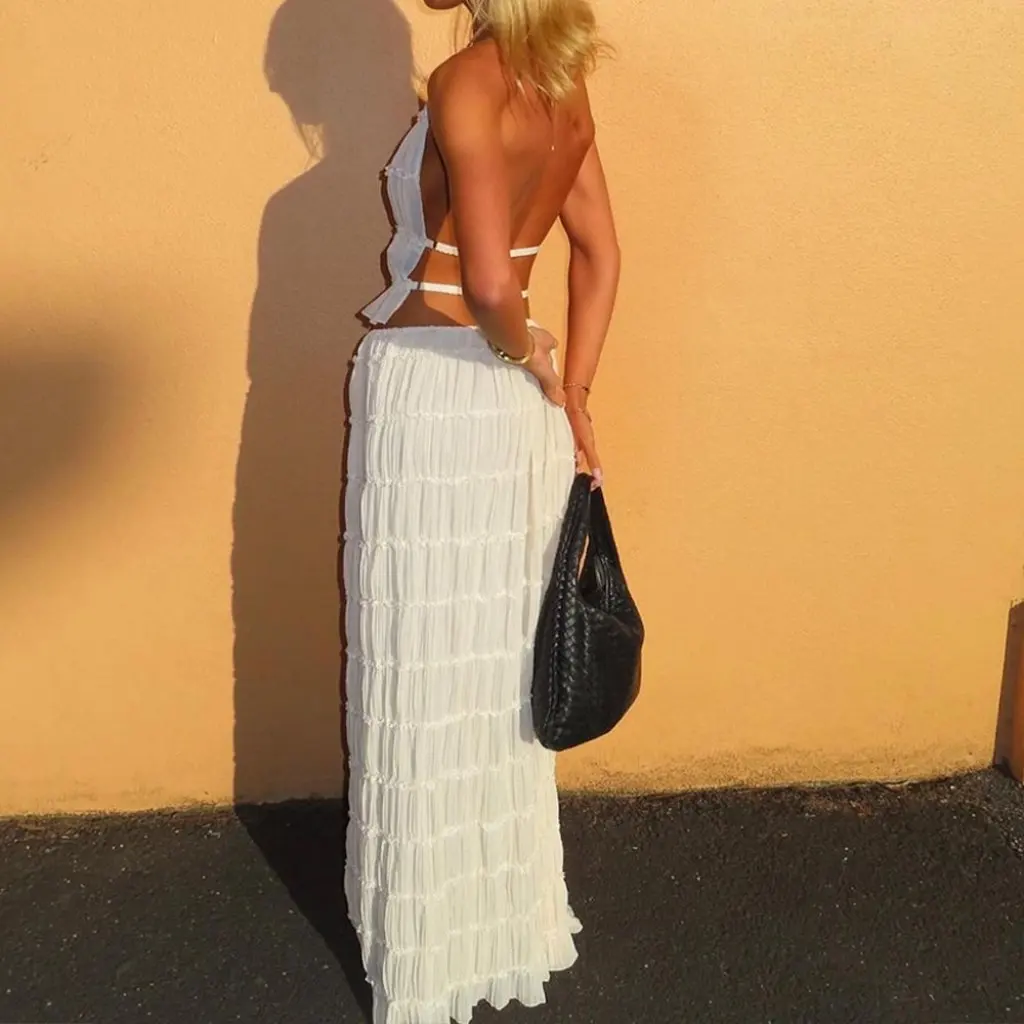 

Summer Sexy Backless Halter Strap Pleated Lace Vest Dress Suit Holiday Style Women's Fashion Set